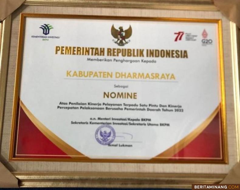 Pemkab Dharmasraya berpredikat sebagai Nominasi di Anugerah Layanan Investasi. Foto: Release Dharmasraya