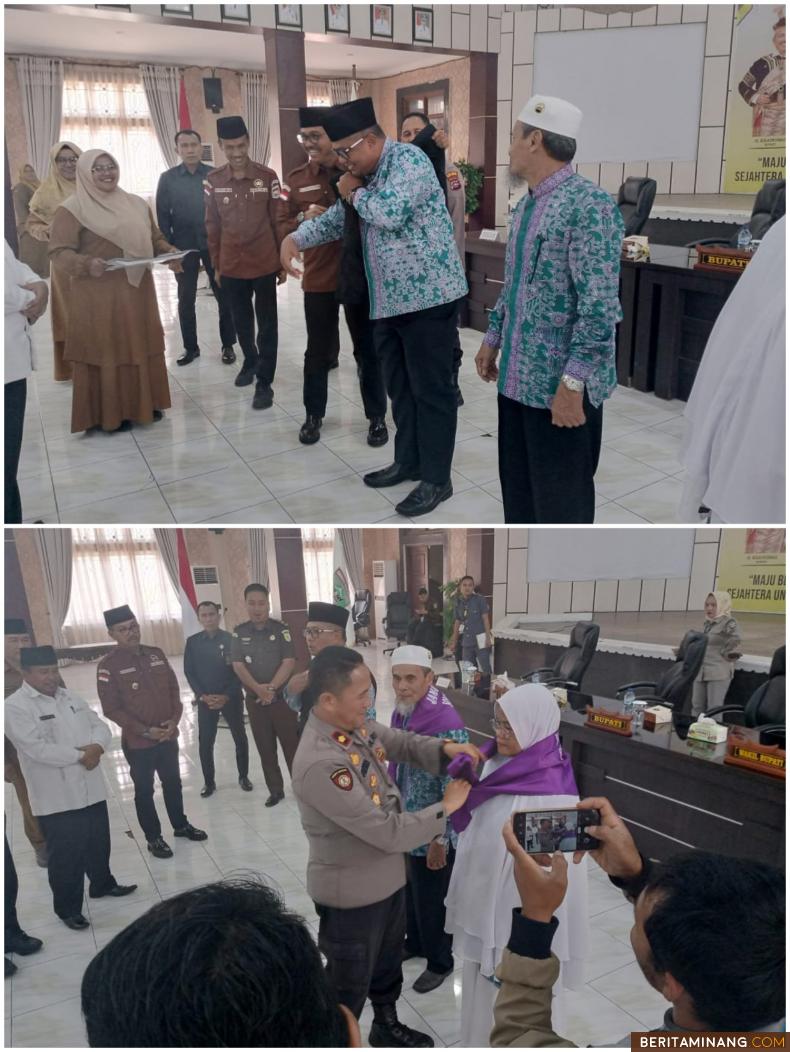 Bupati H. Khairunas, Wabup H. Yulian Efi, Kakan Kemenag, H. Kasmir, Sekdakab. Dr. Syamsurizaldi bersama Forkopimda dan pimpinan OPD Pemda Solsel saat acara melepas JCH Kabupaten Solsel di aula Sarantau Sasurambi, Selasa (13/6/2023). Foto Afrizal Amir