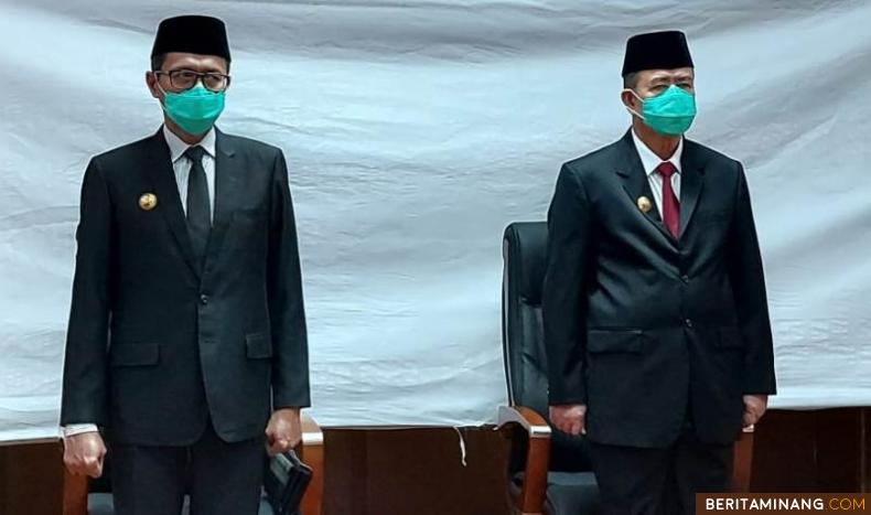 Gubernur Irwan Prayitno bersam Wagub Nasrul Abit ikuti upacara Peringatan Hari Lahir Pancasila 1 Juni 2020 secara Video Conference (Vidcon) dengan Presiden RI. Foto Humas Sumbar