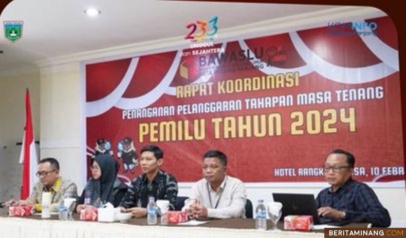 Badan Pengawas Pemilu (Bawaslu) Kota Padang Panjang saat gelar Rapat Koordinasi (Rakor) Penanganan Pelanggaran Tahapan Masa Tenang di Hotel Rangkayo Basa, Sabtu (10/2/2024). Foto: Kominfo Padang Panjang