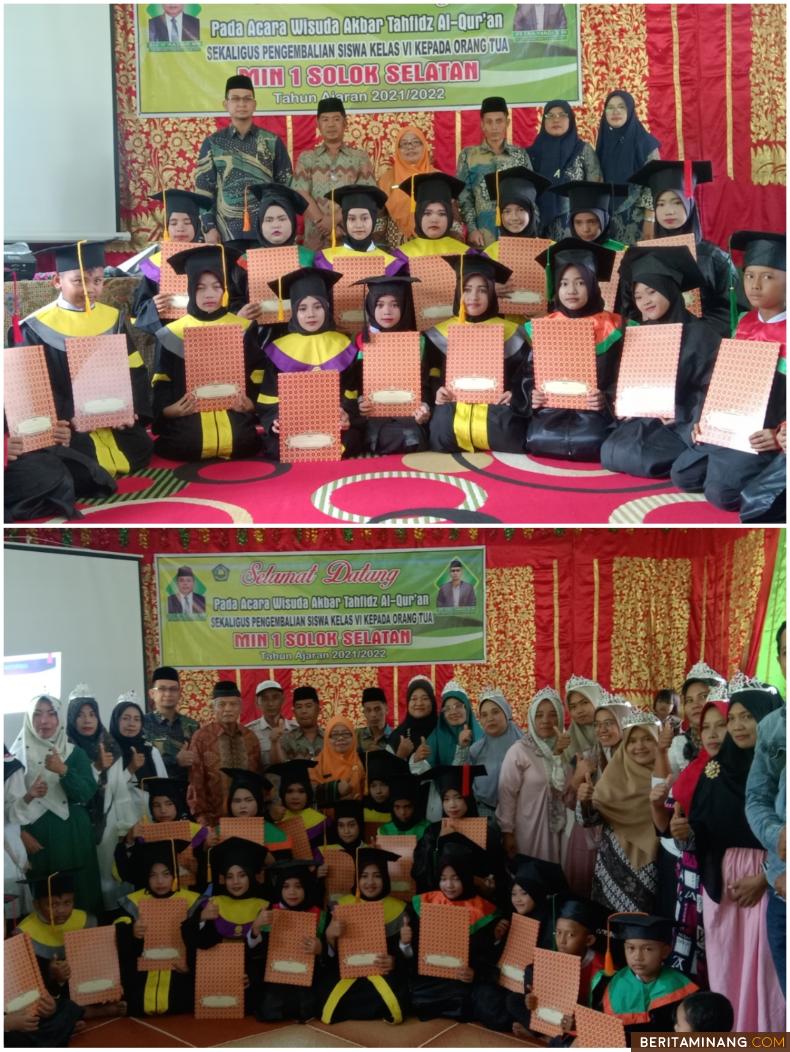 Wisuda tahfidz dan penyerahan murid kepada orang tua murid di MIN 1 Solsel, dihadiri Pengawas Madrasah, Dra. Nayusminar Nasrun, Kasi Kesra Hendri, Kepala MIN 1 Solsel, Petra Yandi, S. Hi, Ketua Komite,  Oktaviendry, SE, Sekretaris Komite, Esi Susrianti, tokoh masyarakat Nagari Sako Selatan dan Nagari Bomas Koto Baru serta wali murid dan tenaga pendidik dan kependidikan MIN 1 Solsel, Rabu (15/6/2022). Afrizal. A