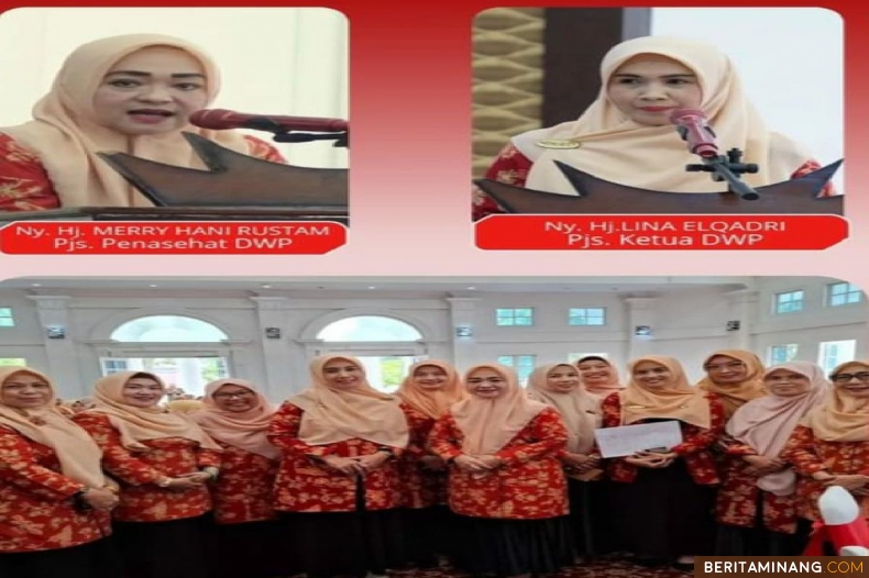 Pjs Penasehat DWP Bukittinggi Ny.Hj.Merry Hani Rustam dan Pjs Ketua DWP Bukittinggi Ny.Lina Elqadri pada pertemuan silaturahmi dengan semua anggota DWP Bukittinggi,di Balairung Rumah Dinas Wako, Selasa (8/10).Foto : Dok Dwpbkt