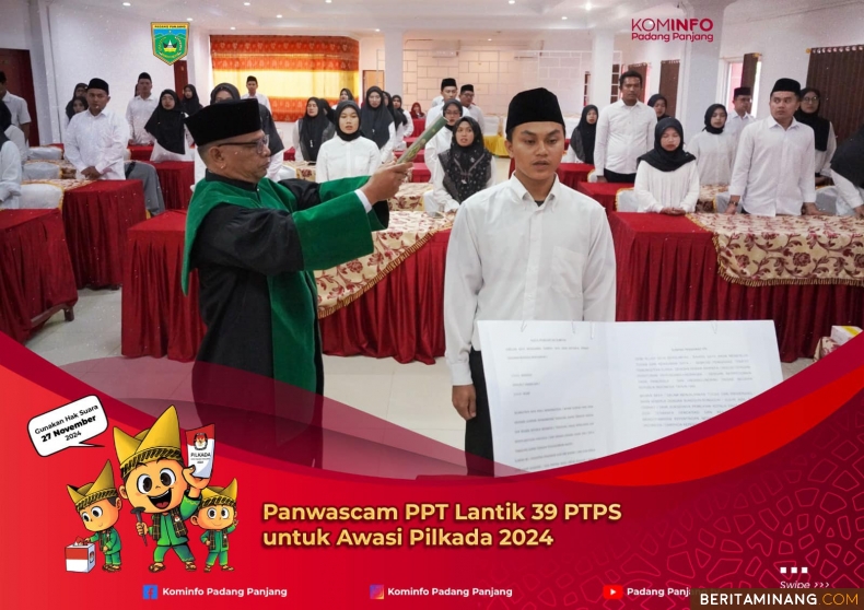 Suasana pelantikan Pengawas Tempat Pemungutan Suara (PTPS) dari delapan kelurahan, oleh Ketua Panitia Pengawas Pemilu Kecamatan (Panwascam) Padang Panjang Timur (PPT), Iskandar, SE, Senin (4/11/2024). Foto: Kominfo Padang Panjang