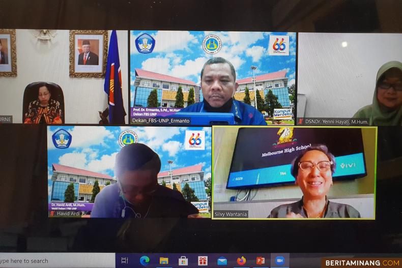 Pertemuan secara virtual dengan Presiden VILTA Silvy Wantania dan Konjen RI Melbourne, Spica Tutuhatunewa, serta dihadiri oleh Dekan FBS, WD1, dan Ketua Jurusan pada Kamis (26/11) siang ini.