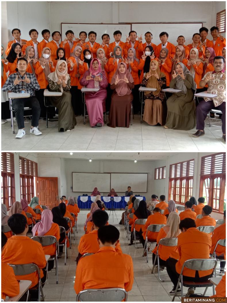 Ketua Yayasan WI Solsel Eva Suryani, S. Pi. MM Wakil Ketua I STKIP, Zulmi Ariyani, S. Pd. M. Pd Kepala Sekretariat, Madrika Eka Putra SE. MM, dan Dosen Pembimbing PKM foto bersama dengan mahasiswa saat kegiatan pelepasan di gedung 1 lantai dua kampus tersebut, Minggu (2/7/2023). Foto Afrizal Amir